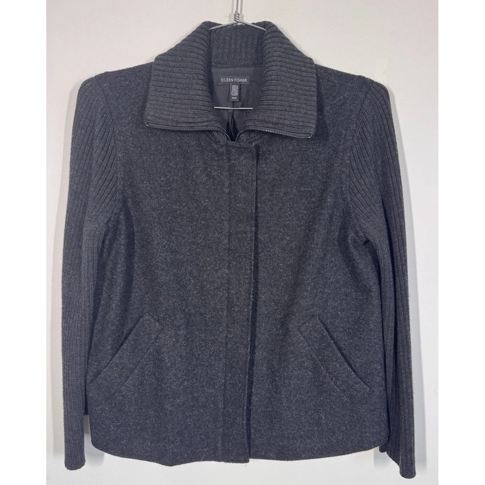 Eileen Fisher Charcoal Wool Jacket Sweater Sleeves Full Zip Coat Women's M *FLAW